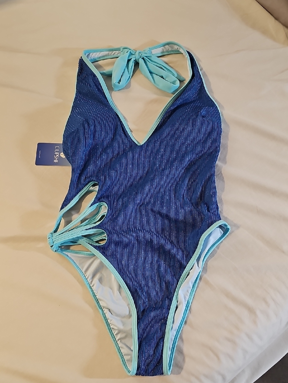 Cupshe Blue Ribbed One-Piece with Glittery Silver Stripes and Aqua Trim